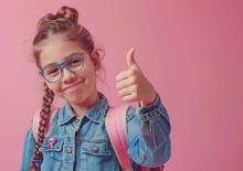 Dziecko w szkolnym mundurku z uśmiechem idące do szkoły, trzymające kolorowy plecak.